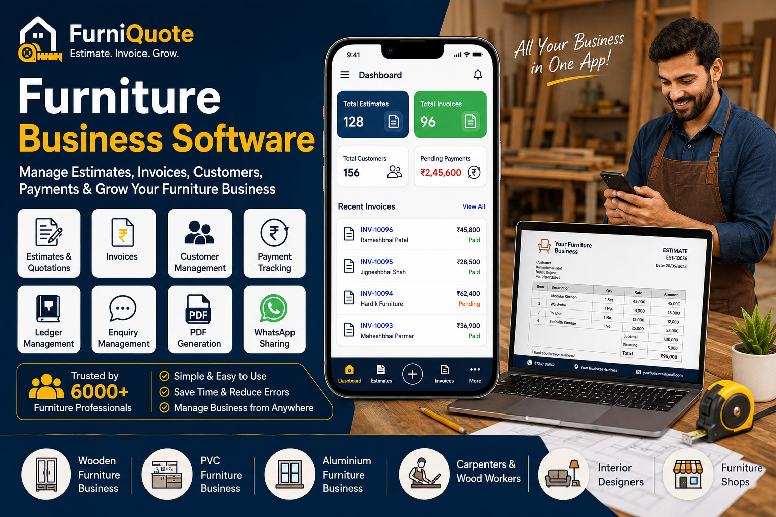 Furniture Business Software: Manage Estimates, Invoices, Customers & Payments