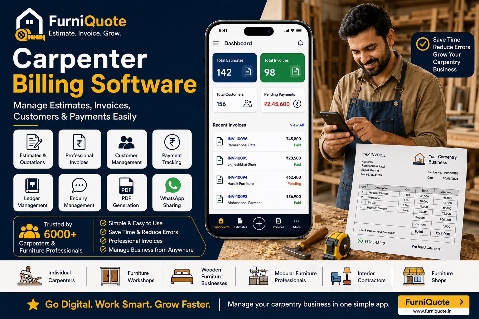 Carpenter Billing Software: Manage Estimates, Invoices, Customers & Payments